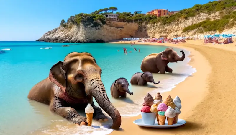 Des éléphanteaux se baignent dans une crique en Italie et leurs parents mangent des glaces sur le sable