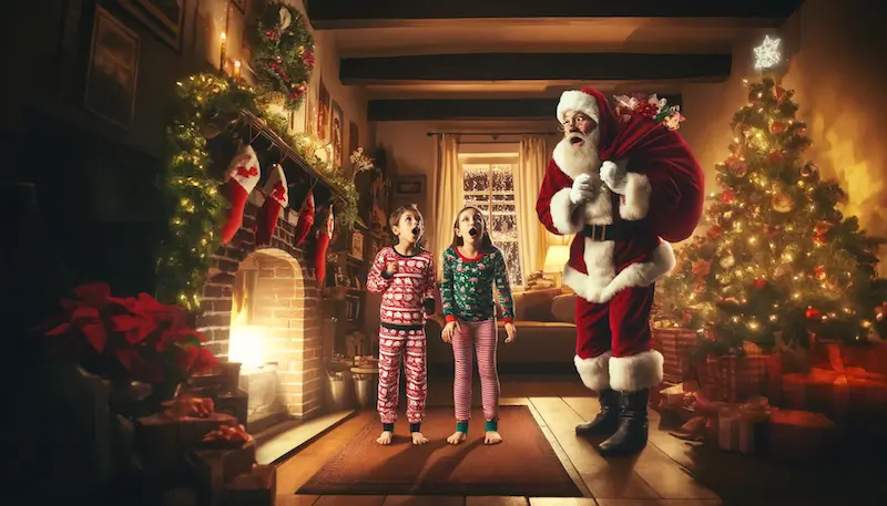 Le Père Noël arrive dans un salon par une cheminée et découvre deux enfants en pyjama qui le regardent ébahis