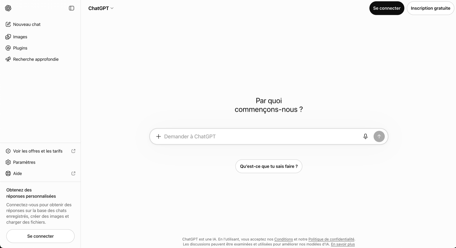 Capture d'écran de l'interface de ChatGPT en français