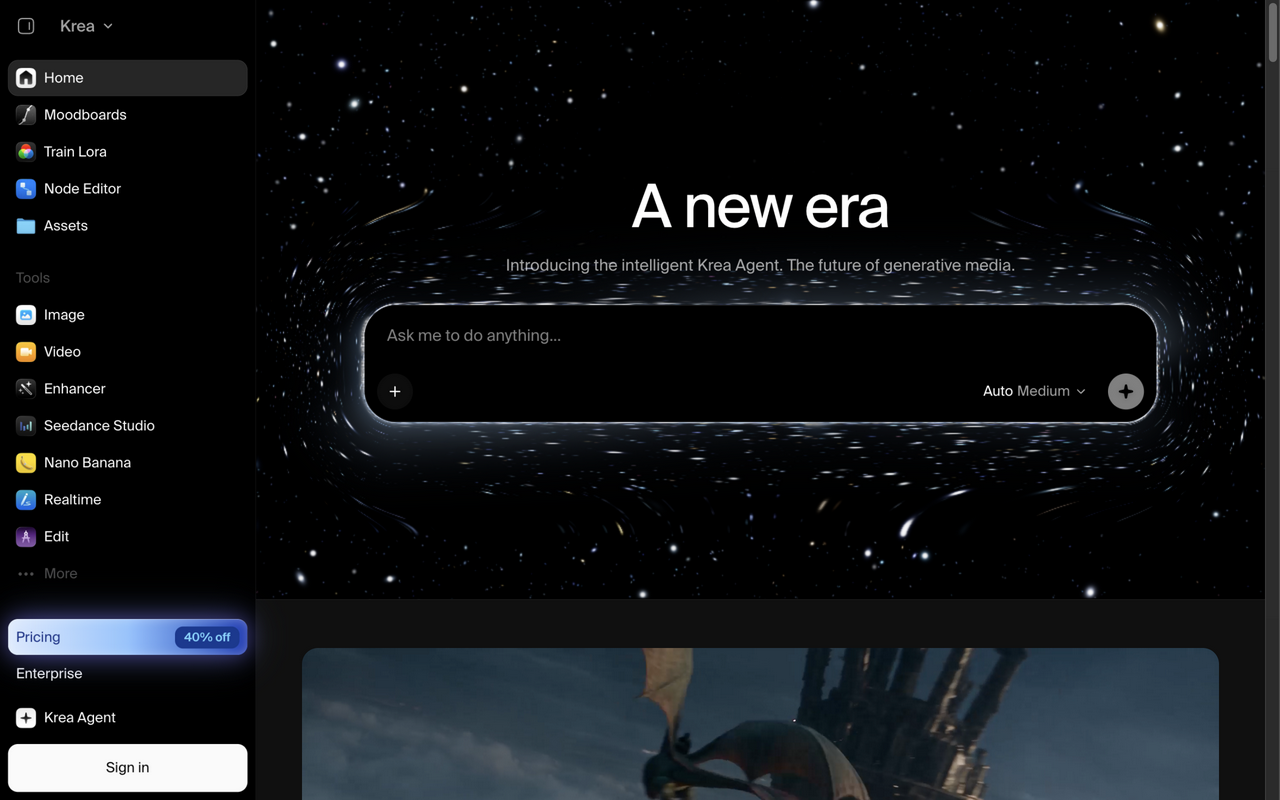 Capture d'écran de l'interface de Krea AI