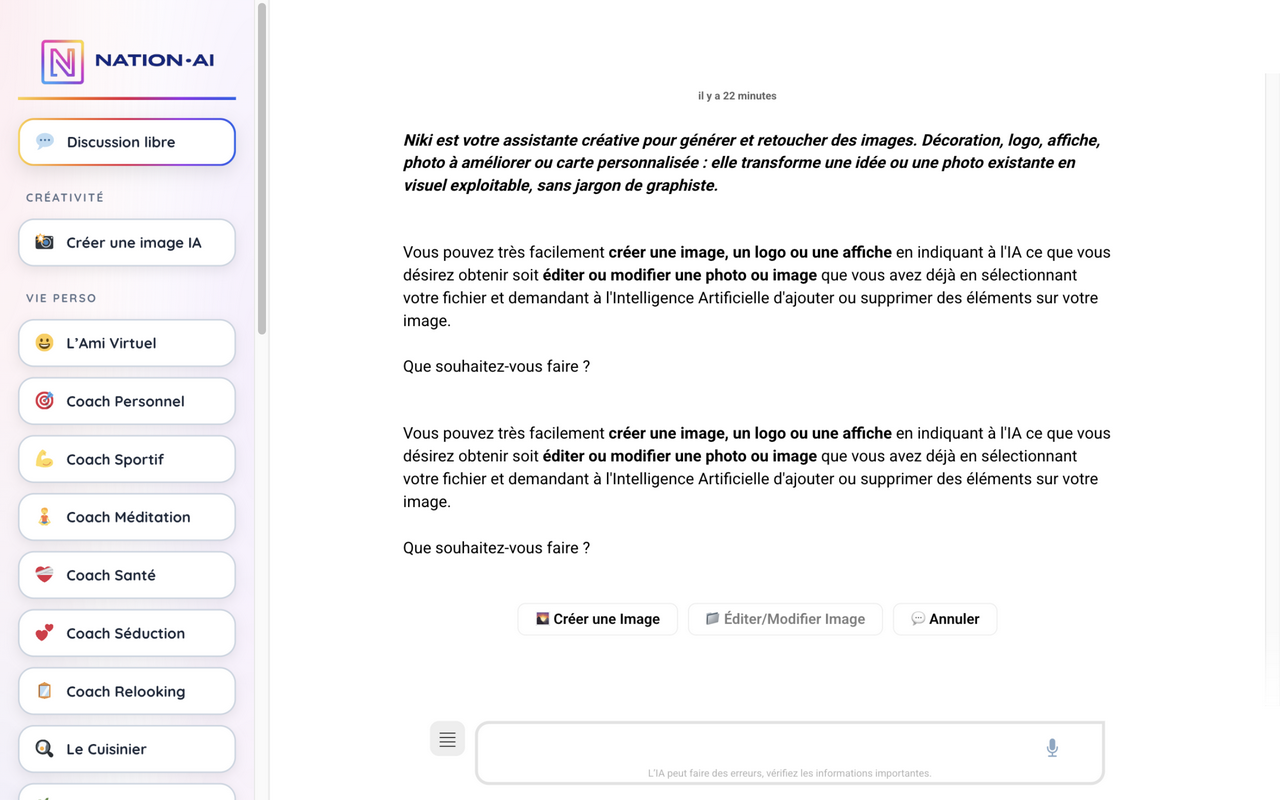 Capture d'écran de Nation AI, générateur d'images IA en français