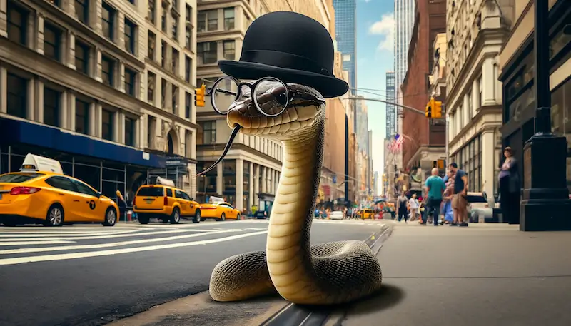 un serpent à lunettes arpenter les rues de New York avec un chapeau melon