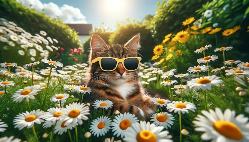 Un chat tabby porte des lunettes de soleil jaunes dans un jardin plein de pâquerettes
